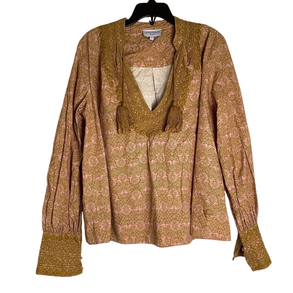 Mi Golondrina Womens Medium Tan Paisley Embroidered Peasant Top Boho Chic Q3-26
